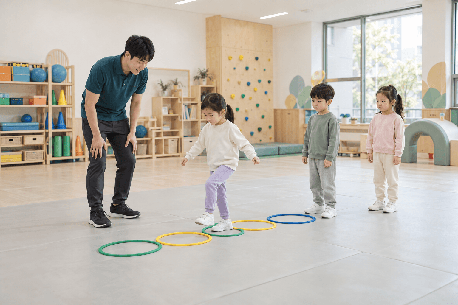 강사가 아이들의 후프 걷기 활동을 지도하는 모습. 강사와 아이들의 전신, 바닥 교구가 보이는 연출 장면