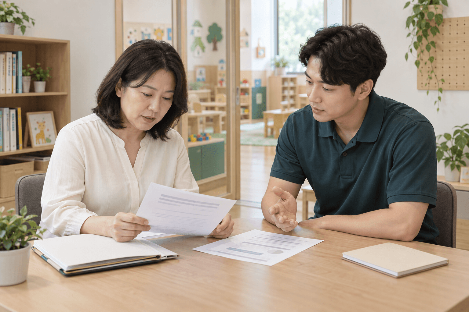 담당자가 강사와 함께 자격과 경력에 관한 서류를 검토하는 연출 장면