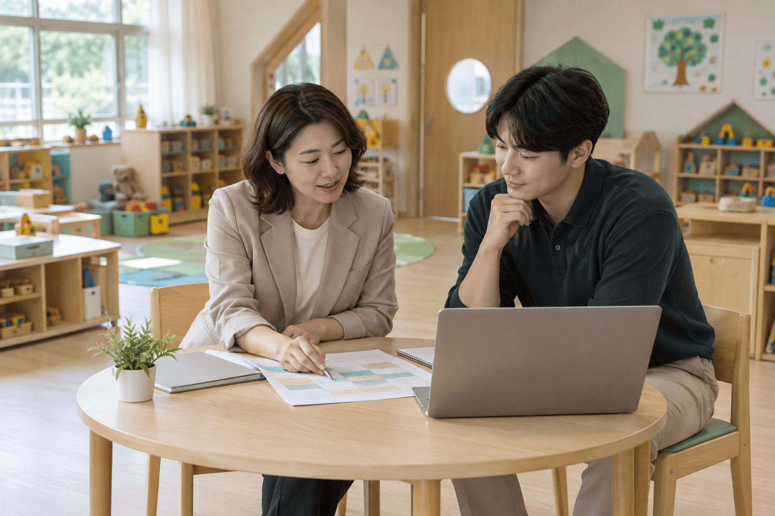 기관 담당자와 강사가 테이블에 앉아 수업 운영 계획을 의논하는 장면