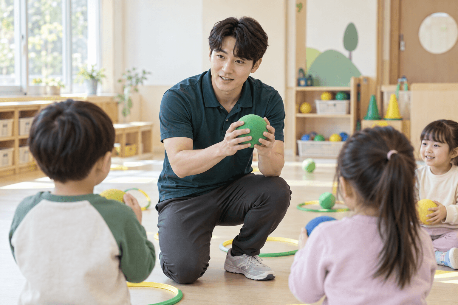 강사가 아이들과 함께 유아체육 수업을 진행하는 장면